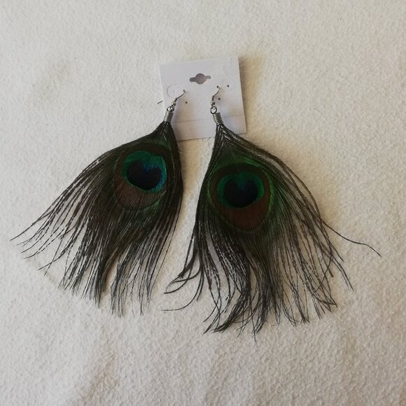 Peacock Feather Earring Natural Light Weight - Picture 1 of 5